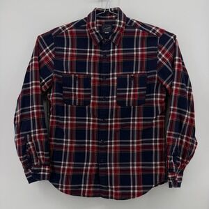 J. Crew Button Up Shirt Mens M Navy Red Plaid 100% Cotton Dual Pocket